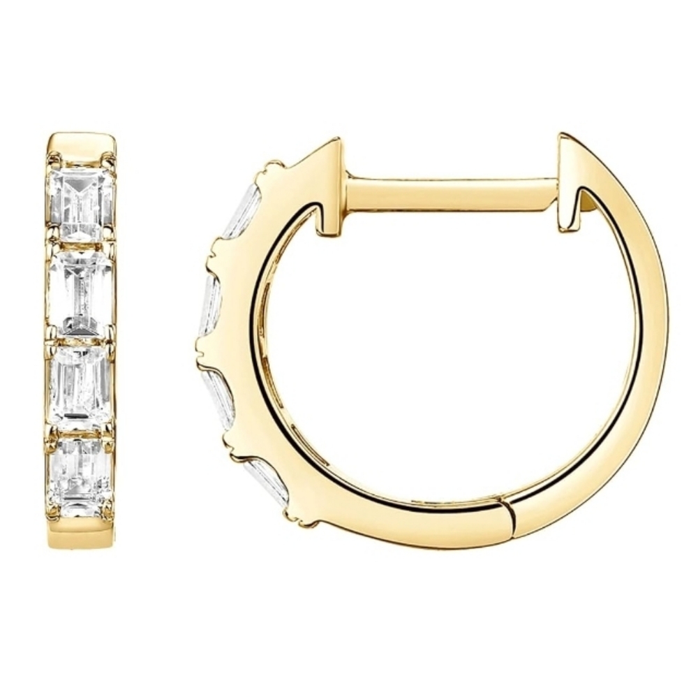 14K Gold Plated Pave CZ Huggie Hoop Baguette Earrings - Picture 5 of 5